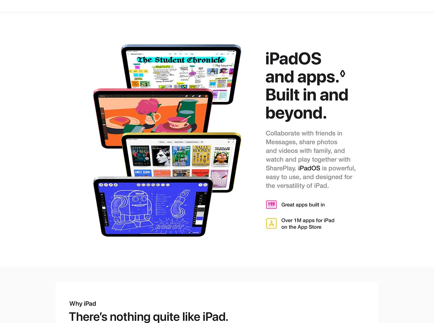 iPadOS and apps. Built in and beyond. Collaborate with friends in Messages, share photos and videos with family, and watch and play together with SharePlay. iPadOS is powerful, easy to use, and designed for the versatility of iPad. Great apps built in. Over 1M apps for iPad on the App Store. Why iPad There's nothing quite like iPad.